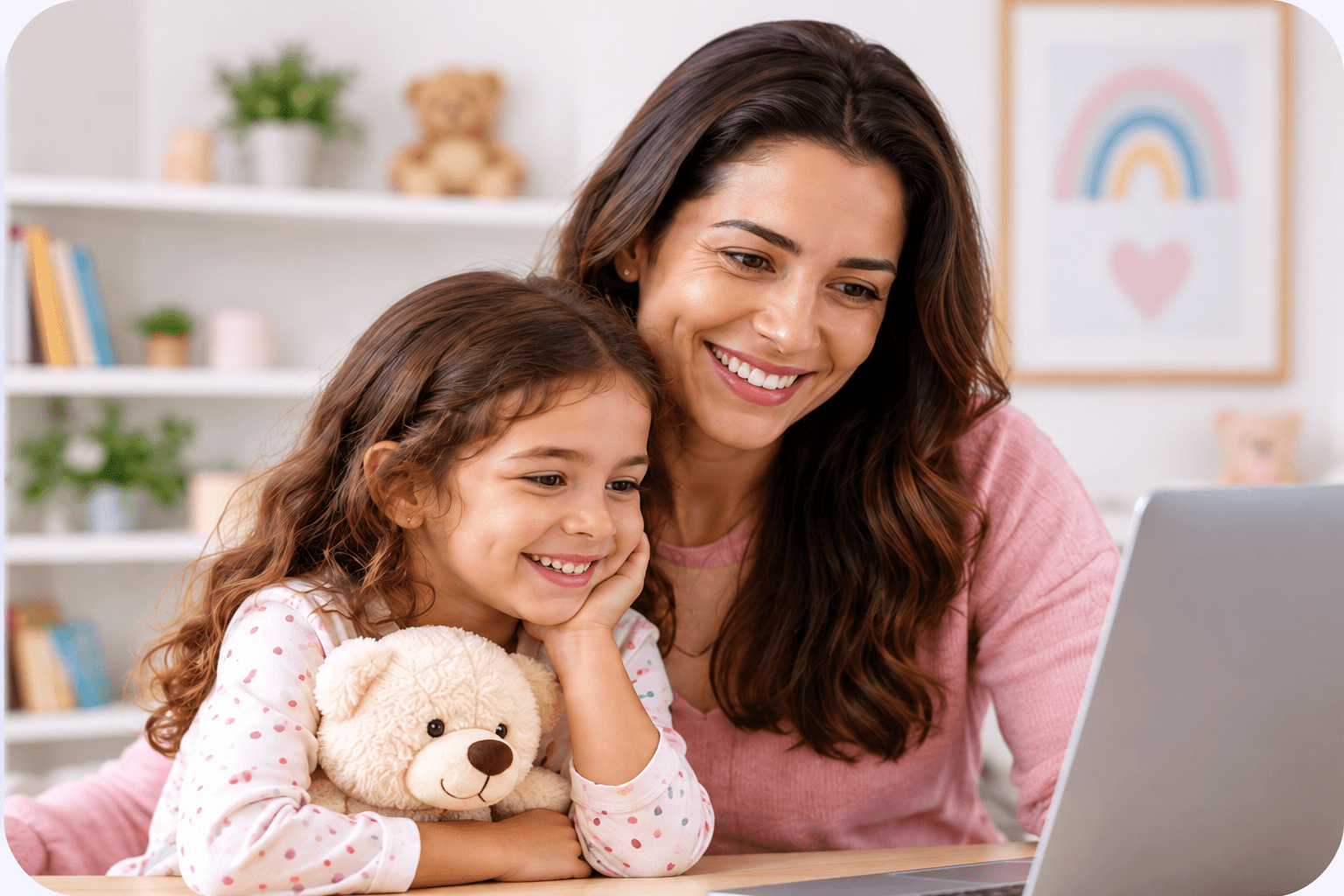 Mãe e filha sorrindo durante atendimento pediátrico online